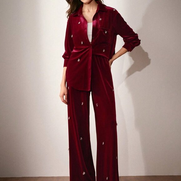 Burgundy Elegant Women's Velvet Button down top and Pant Suit set - Picture 1 of 7